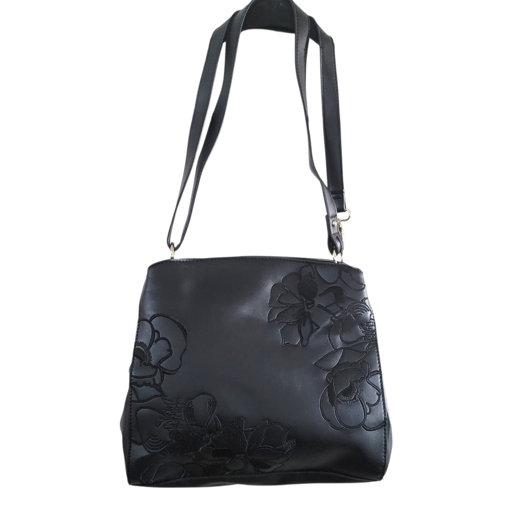 Nanette Lepore Black Floral Embroidered Convertible Crossbody Bag Faux Leather - Picture 2 of 16